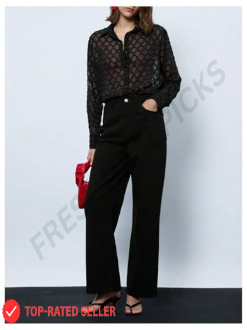 Long Sleeve Mesh Sheer Collared Button Down Blouse Top - Picture 5 of 5